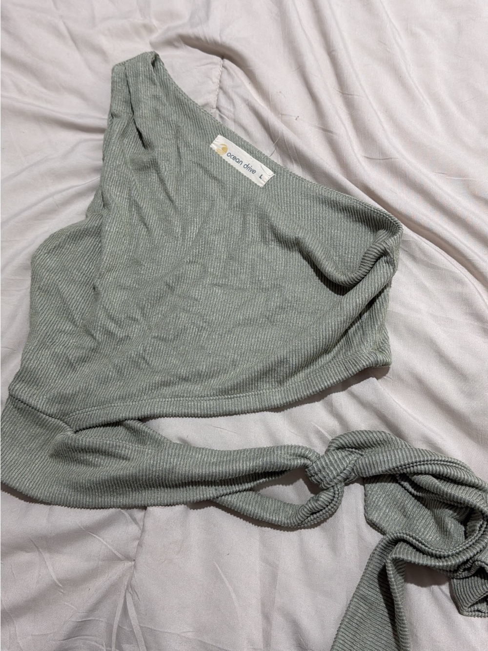 Ocean Drive Ribbed One-Shoulder Tie Top - Sage